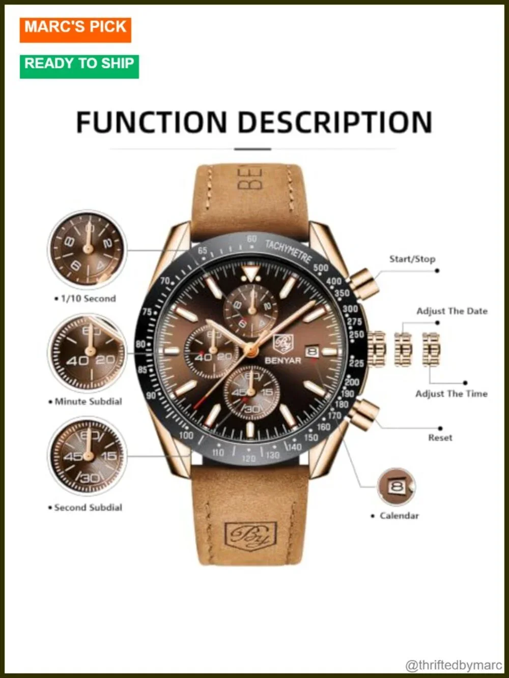 Quartz Chronograph Leather Strap Dress Watch 30M Water Resistant